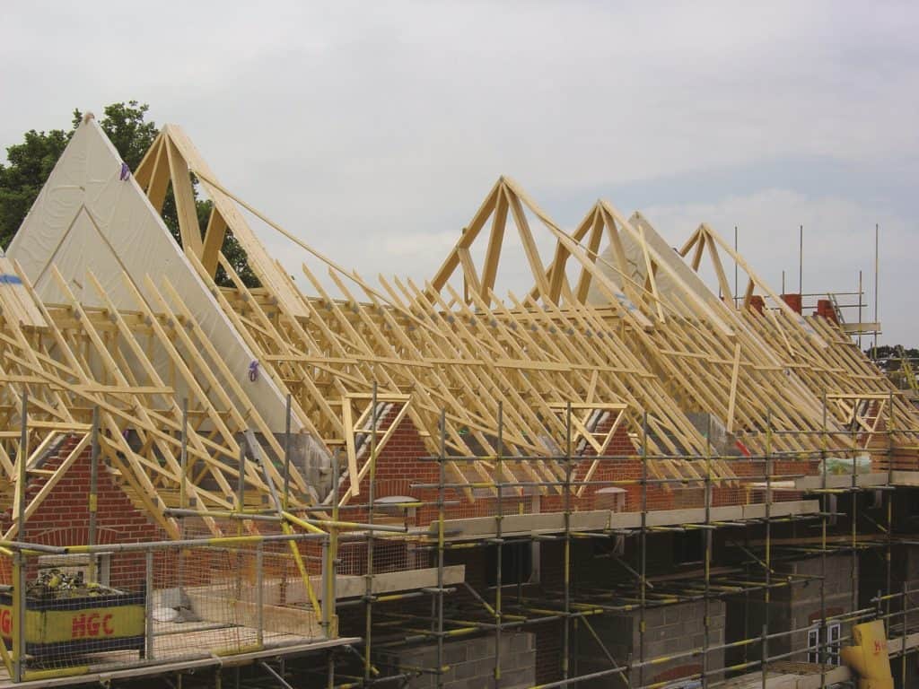 roof trusses and spandrel panels installed on site